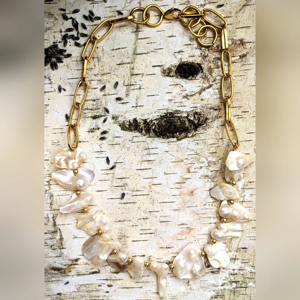 White Irregular Keshi Pearls In Classic 18K Gold  Plated Paperclip Necklace - Picture 7 of 9